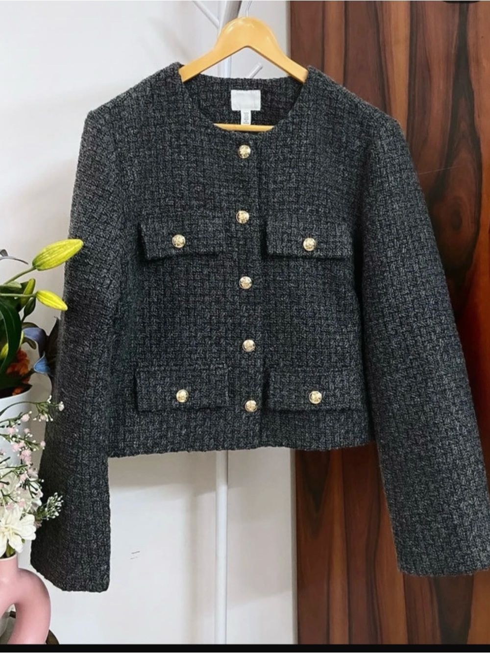 H&M Gray Textured Tweed Gold-Button Jacket - Picture 2 of 4